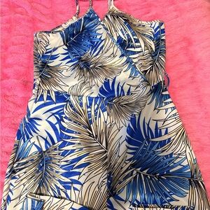 Blue and White Leaf Print Halter Dress